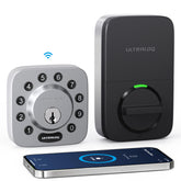 ULTRALOQ U‑Bolt on a door highlighting keyless entry and secure lock