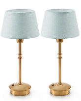 UMEXUS cordless lamp with blue fabric shade and brass base for versatile lighting