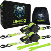 UMIRO retractable ratchet strap in fluorescent green secures cargo on trucks.