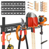 Unaikoo pegboard rails keep garden tools organized and accessible.