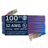 US Wire 99100 extension cord in blue, extreme-weather ready for outdoor use.