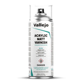 Vallejo Acrylic Matt Varnish Spray front view showcases a protective, non-yellowing finish for models and crafts.