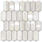 Vamos Tile long hexagon backsplash in glossy wood grain close-up showing premium finish.