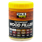Van Votz waterproof wood filler in white for exterior repairs with strong adhesion.