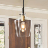 Vaziden modern glass pendant over kitchen island with angled view for focal lighting