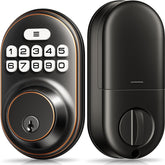Veise keyless entry door lock front view in oil-rubbed bronze for curb appeal and security.