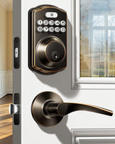 Veise keyless entry lock front view in oil-rubbed bronze for secure entry.