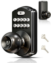 Veise keypad door lock on the front door with handle for easy keyless entry.