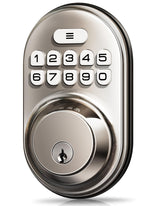 Veise satin-nickel front view of keyless lock with convenient access.