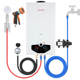 Velpax tankless propane water heater ready for outdoor use and instant hot water.