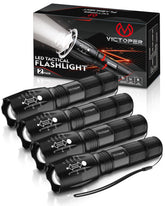 Victoper LED flashlight bundle showing four compact torches for camping and emergencies