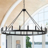 Viksroeo wagon wheel chandelier front view with 20 candle-style bulbs for bright coverage