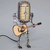 Vintage microphone guitar lamp front view with ambient lighting and decorative appeal.