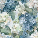 VistaPalette vintage hydrangea wallpaper adds calming blue-green color to living spaces