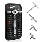 VMAN ratchet screwdriver with magnetic bits for fast alignment in tight spaces.