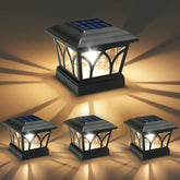 VOLISUN solar post cap light with warm glow enhances outdoor ambiance on 4x4 and 6x6 posts.