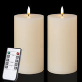 Volnyus flameless candles, two 3x6 ivory pillars, flat tops, create cozy ambience safely at night.