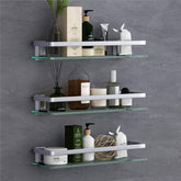 VOLPONE bathroom shelf overview highlights a 3-tier glass unit saving space in modern bathrooms.
