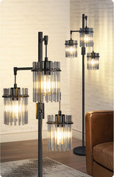 VOUTOORO industrial floor lamp with teardrop cages adds warm ambient lighting.