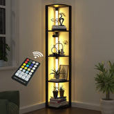 VTRIN corner shelf with light displaying books and decor in a modern living room.