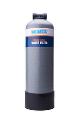 Water Boss whole-house filter front view showing compact design for installation.