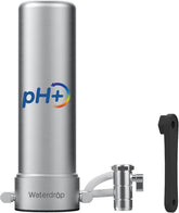 Waterdrop alkaline filter faucet assembly on a kitchen counter showcases sleek setup.