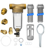 Waterdrop Spin Down Sediment Filter front view, compact housing protects plumbing.