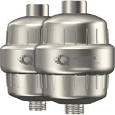 WeAQUA heavy-duty shower filter two-pack brushed nickel front view, durable design for lasting use