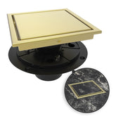 WEBANG brushed-gold 6-inch square drain close-up showing premium finish.