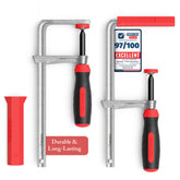 Welcozy heavy-duty F clamp provides a secure hold for wood pieces.