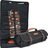 WELKINLAND 18-pocket tool roll unrolled with organized slots and durable waxed canvas.