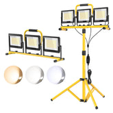 Wetartatty 32000LM LED work light on a tripod providing broad illumination for job sites