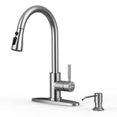 WEWE kitchen faucet with soap dispenser and pull-down spray for a seamless sink upgrade.