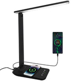 White Crown LED desk lamp front view with wireless charger for power