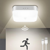 WhitePoplar rechargeable motion sensor ceiling light illuminates rooms without wiring.