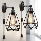 WimiSom plug-in wall sconce with wire cage, front view showcasing rustic decor and flexible lighting.