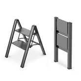 WOA WOA 2 Step Ladder open position showing dimensions for reaching high shelves safely