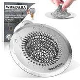 Wokdada sink drain strainer with reversible chain mesh capturing debris while fitting most sinks.