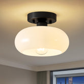 WOKNOS mid-century semi-flush mount glass shade closeup showcasing frosted shade and clean lines for timeless style.