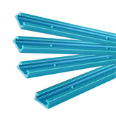 WoodHero 48-inch blue T-track side view shows precise aluminum construction for woodworking jigs.