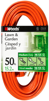 Woods 50ft outdoor extension cord with bright orange jacket for visibility