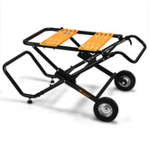 WORKESS portable table saw stand rolled for easy transport
