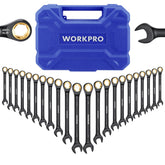 WORKPRO 22-piece ratcheting wrench set with anti-slip teeth for secure fastener grip.