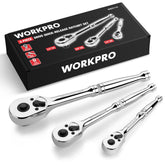 WORKPRO 3-Piece Ratchet Set assembly view showing versatile drives for fast DIY repairs.
