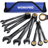 WORKPRO 9-piece anti-slip ratcheting wrench set displayed for organized home use.
