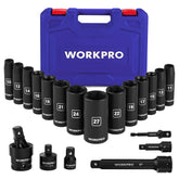 WORKPRO 1/2-inch drive deep impact sockets with metric sizes for automotive maintenance.