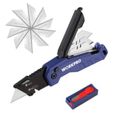 WORKPRO folding knife with blue handle offers durable carton cutting and comfortable grip.