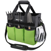 WorkPro garden tool bag organizer showing interior pockets for quick tool access