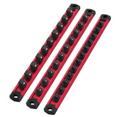 WORKPRO magnetic socket rail showing 1-4 inch clip securely holds sockets for quick access.