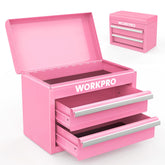 WORKPRO mini metal toolbox with two drawers and top storage, ideal for organized small parts
